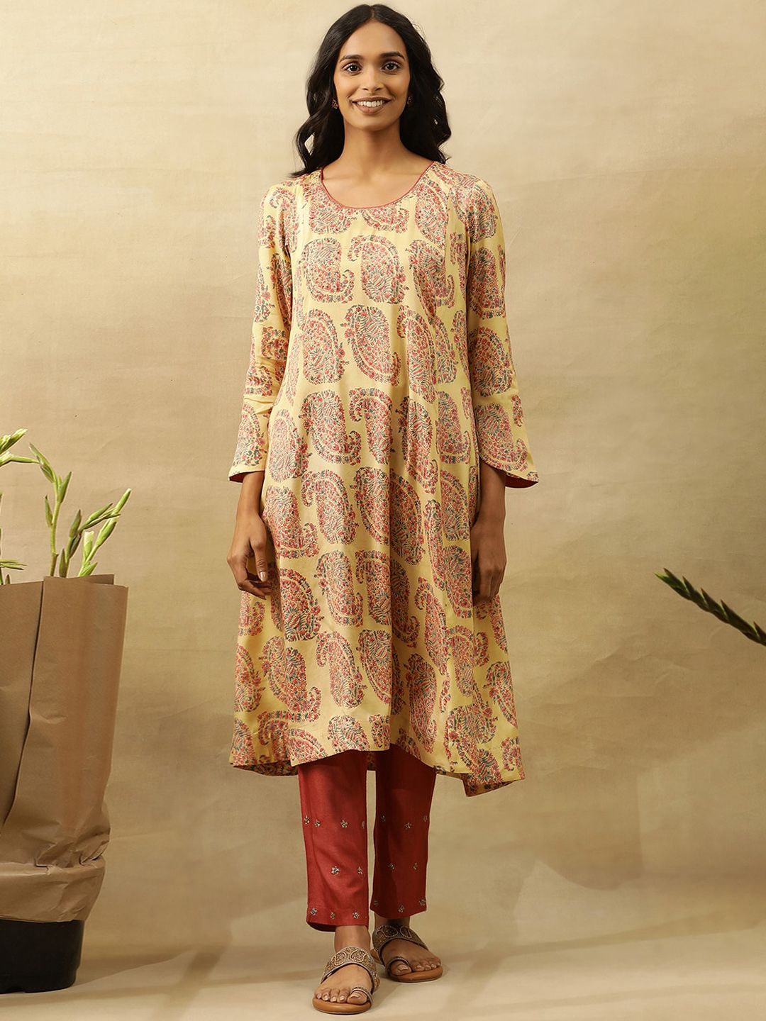 W Ethnic Motifs Printed Flared Sleeves A-Line Kurta