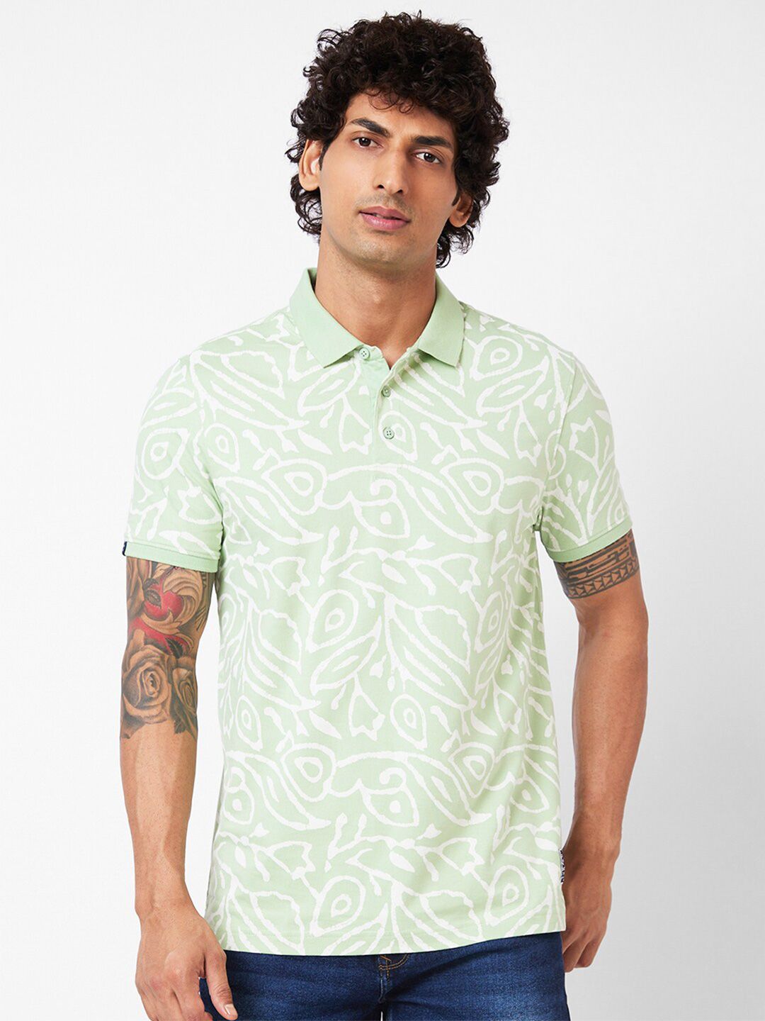 SPYKAR Floral Printed Polo Collar Slim Fit T-shirt