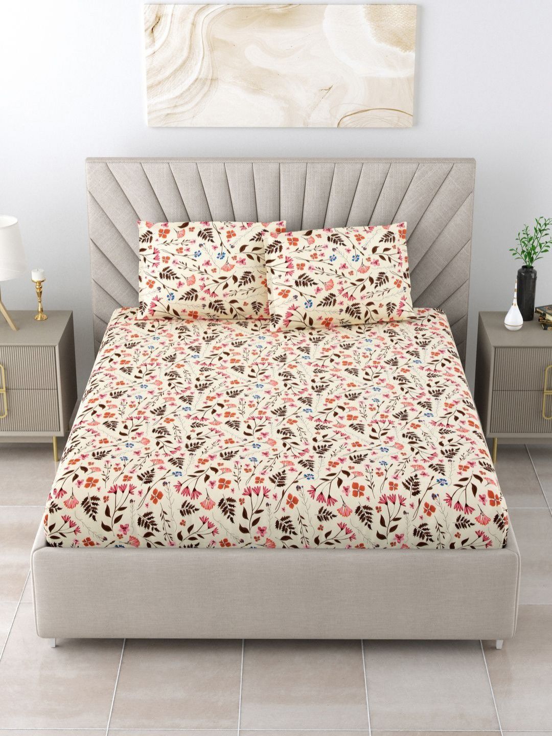 BOMBAY DYEING Epigram Cream-Coloured Printed Pure Cotton 120 TC Queen Bedsheet Set 2.24 m X 2.54 m