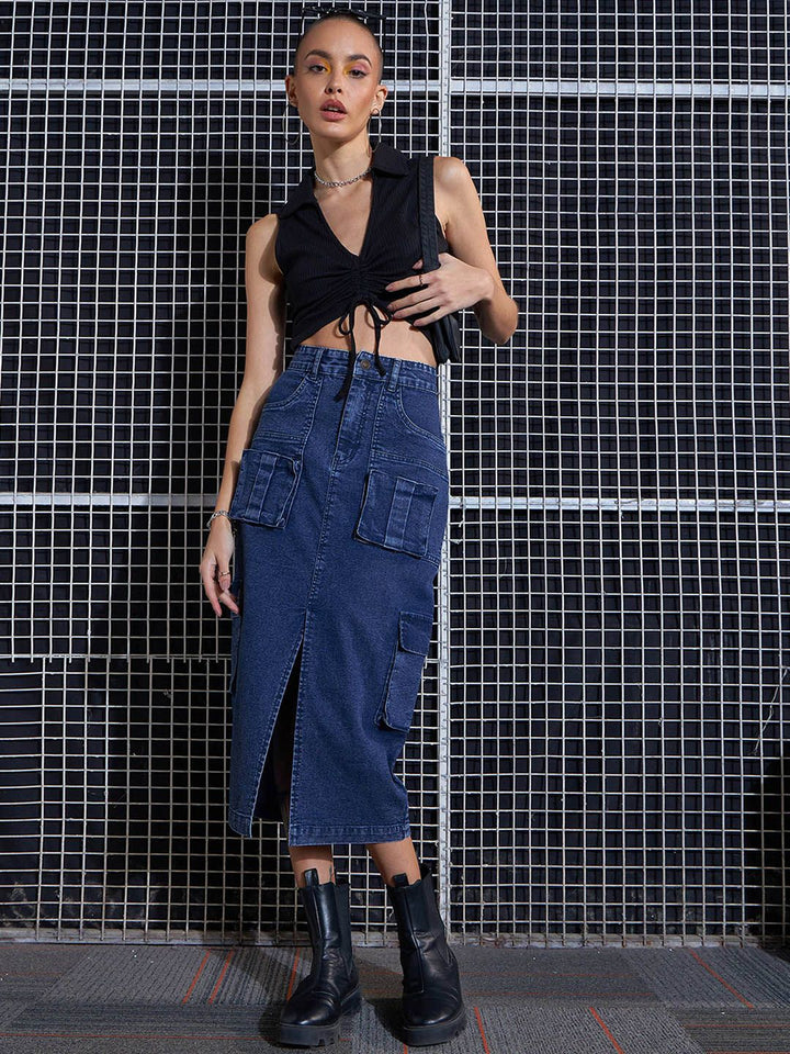 SASSAFRAS Blue Washed Cargo Pencil Midi Denim Skirt