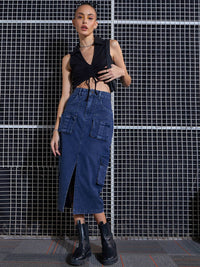 SASSAFRAS Blue Washed Cargo Pencil Midi Denim Skirt