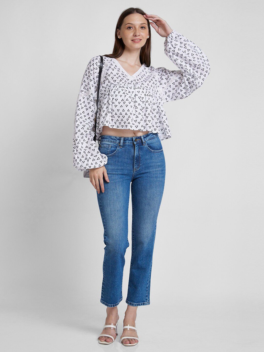 SPYKAR Geometric Printed V-Neck Flared Sleeve Lace Inserts Cotton Peplum Top