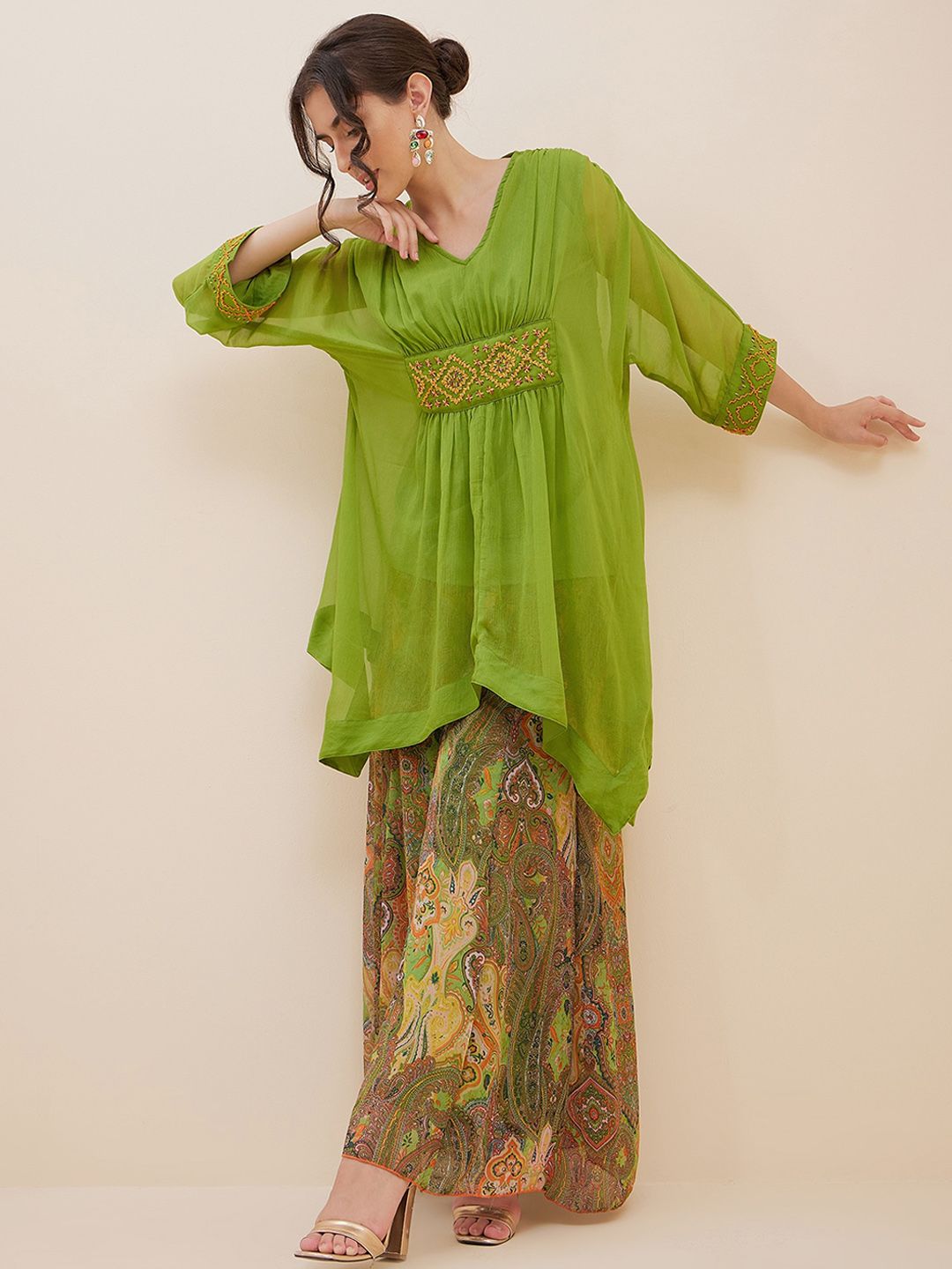 Antheaa Thread Work Kaftan Top With Palazzos