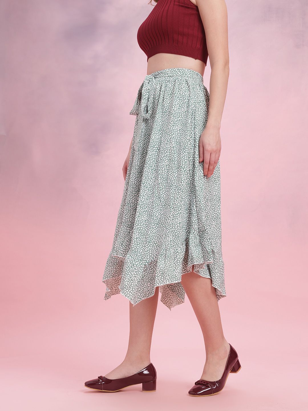 DressBerry Ruffled Micro Ditsy Print Flared Midi Skirt with Belt
