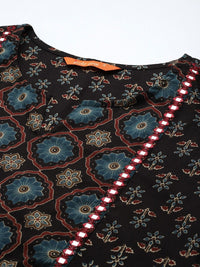 Indo Era Women Floral Printed Mirror Work Pure Cotton Kurta