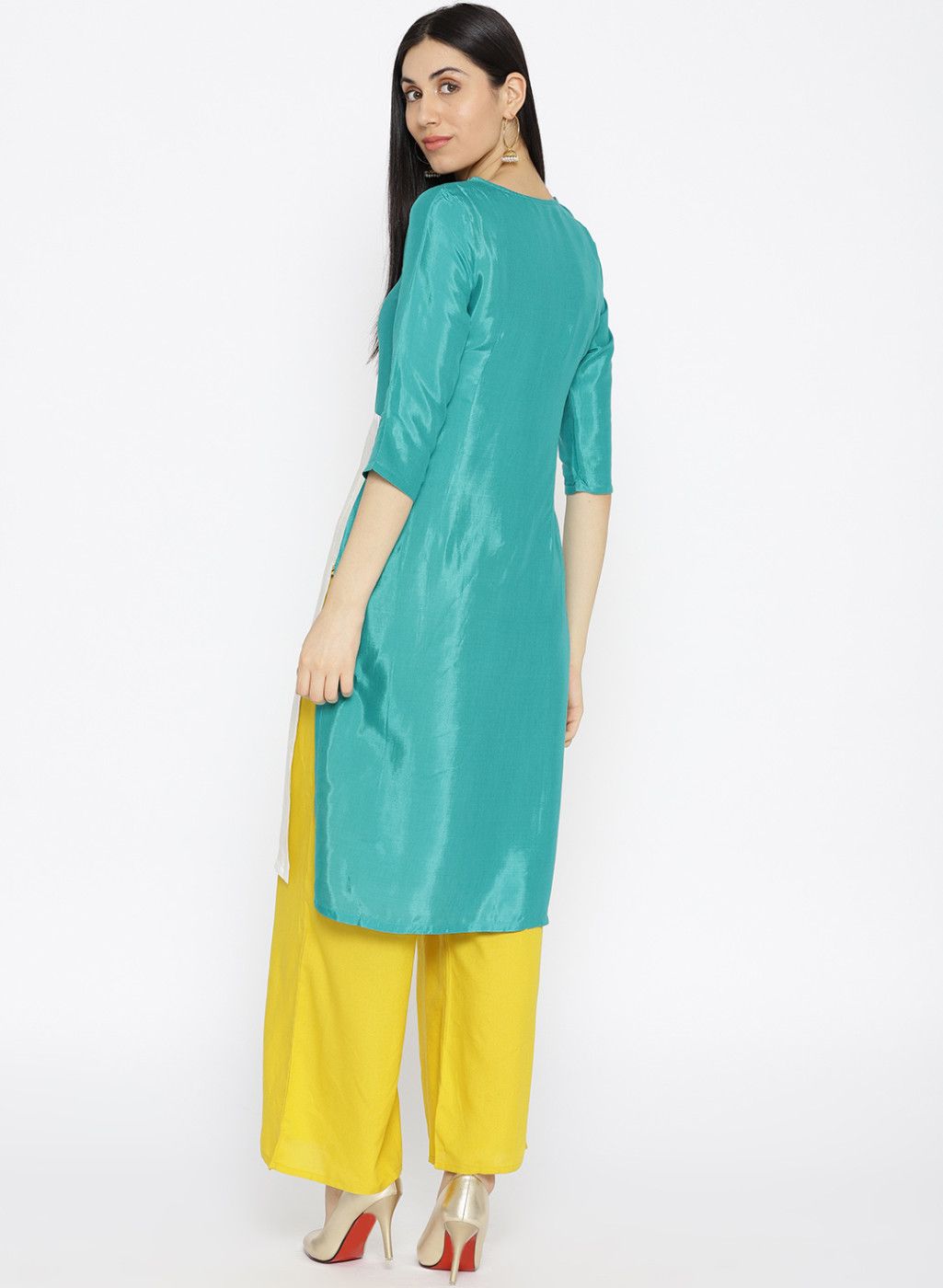 Women Green & White Printed Colourblocked Straight Kurta