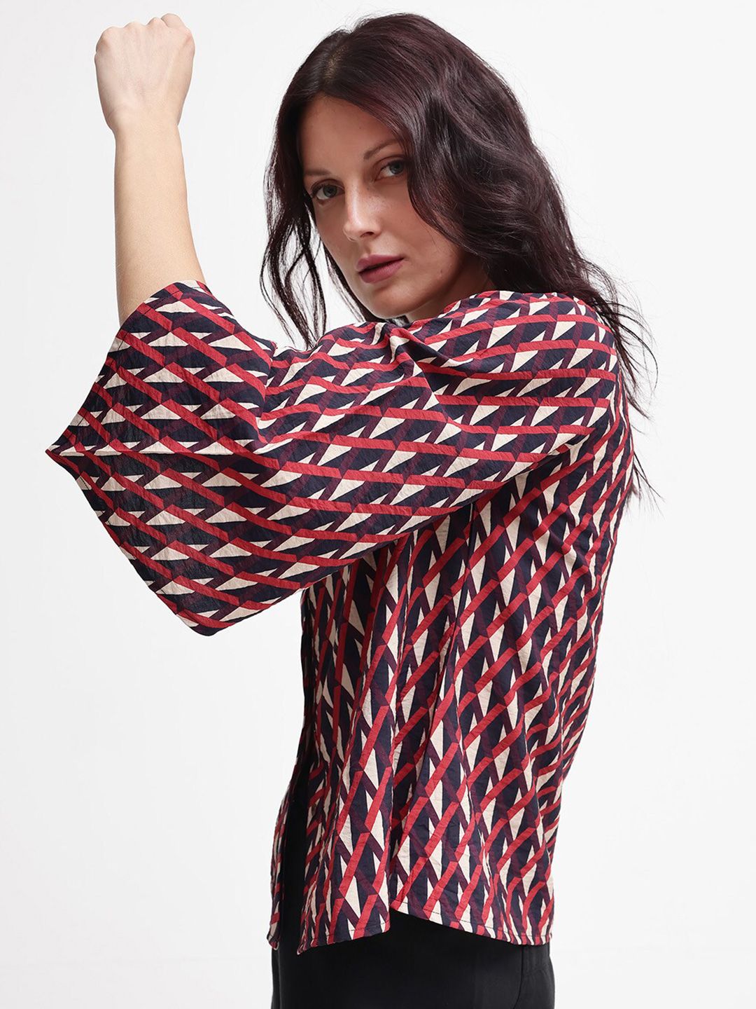 RAREISM Geometric Print Flared Sleeve Cotton Top