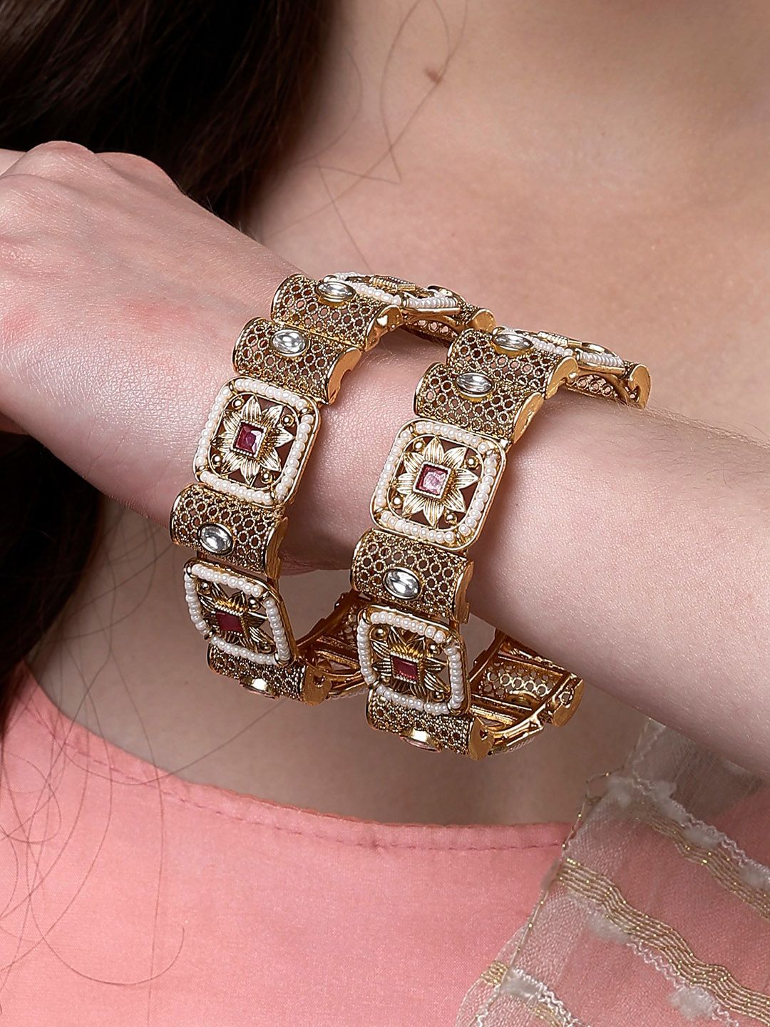 KARATCART Set Of 2 Gold-Plated Kundan Studded Bangles