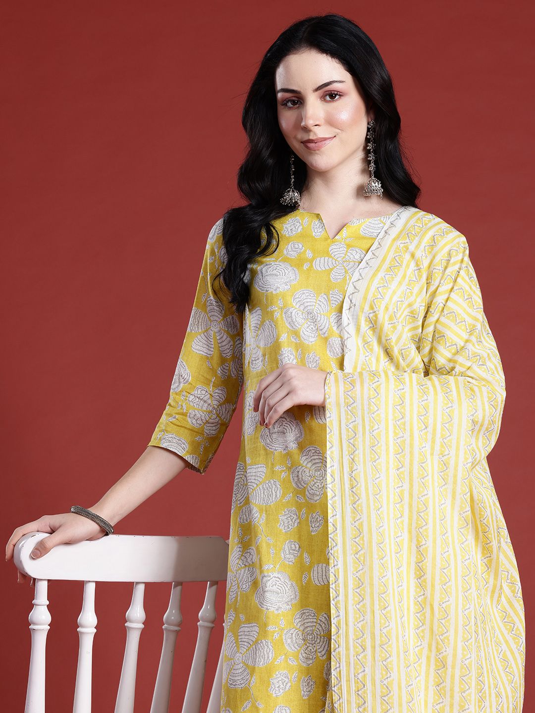 Anouk Floral Printed Pure Cotton Kurta with Trousers & With Dupatta