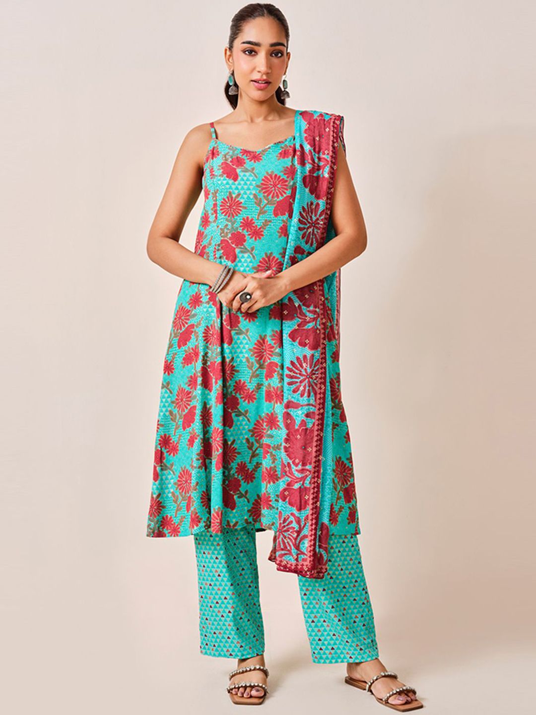 Global Desi Floral Printed Shoulder Straps A-Line Kurta With Trousers & Dupatta