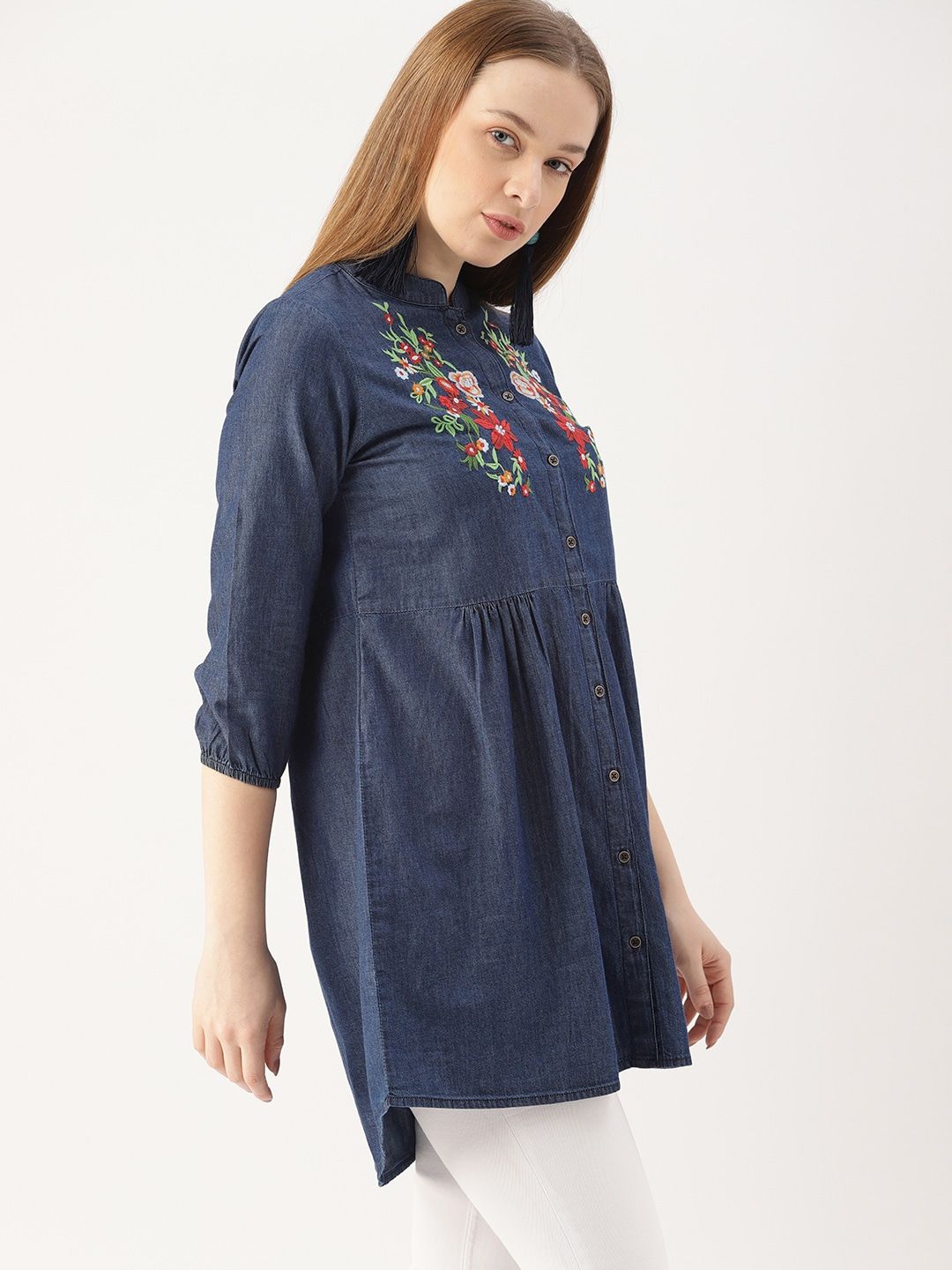 DressBerry Blue Self Design High-Low Chambray Pure Cotton Top