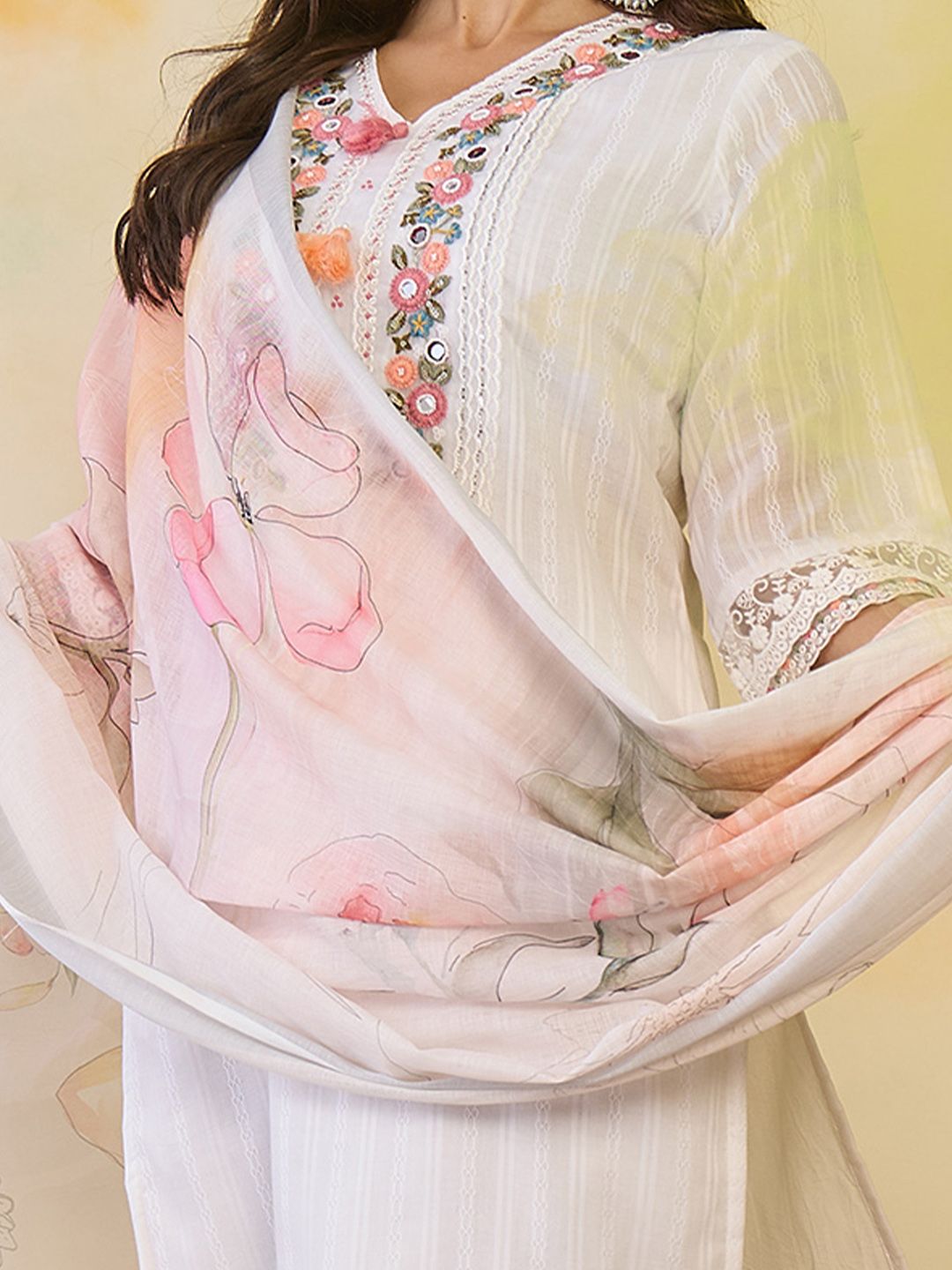 Indo Era Women Floral Embroidered Regular Thread Work Pure Cotton Kurta with Trousers & With Dupatta