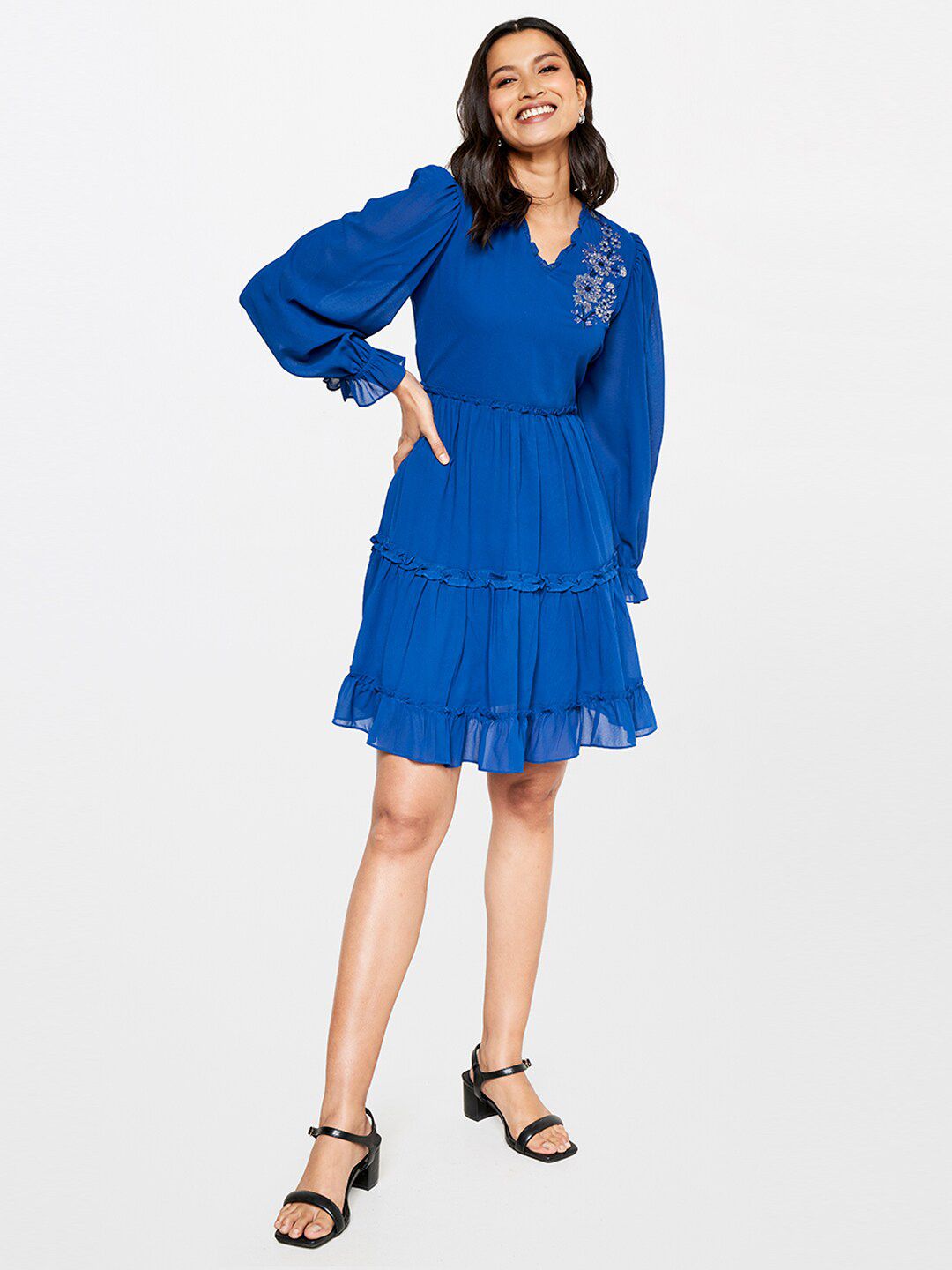 AND V-Neck Embellished Tiered Fit & Flare Dress