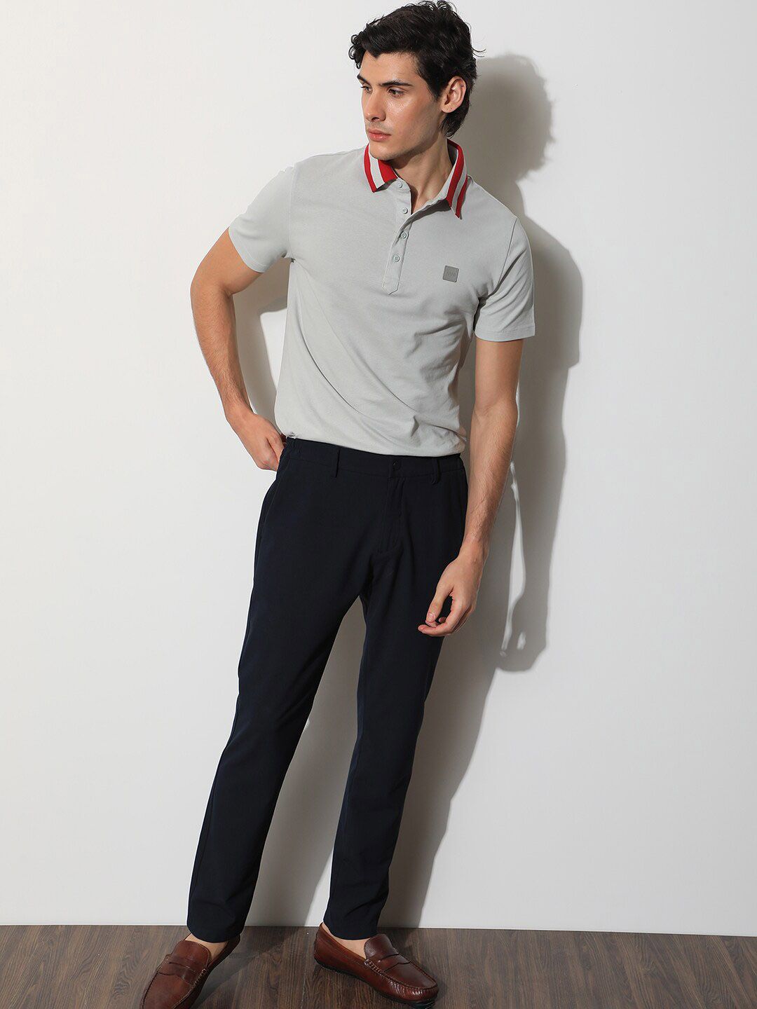 RARE RABBIT Men Divide Polo Collar Slim Fit Cotton T-Shirt