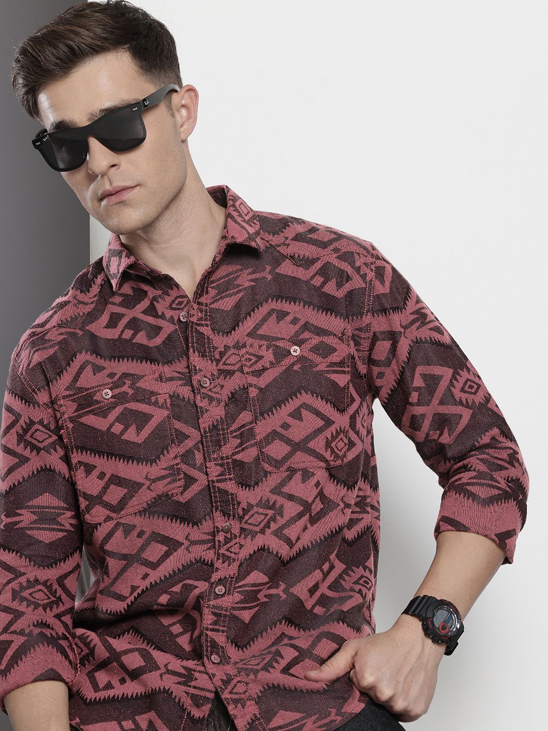The Indian Garage Co Self Design Geometric Jacquard Relaxed Fit Shirt
