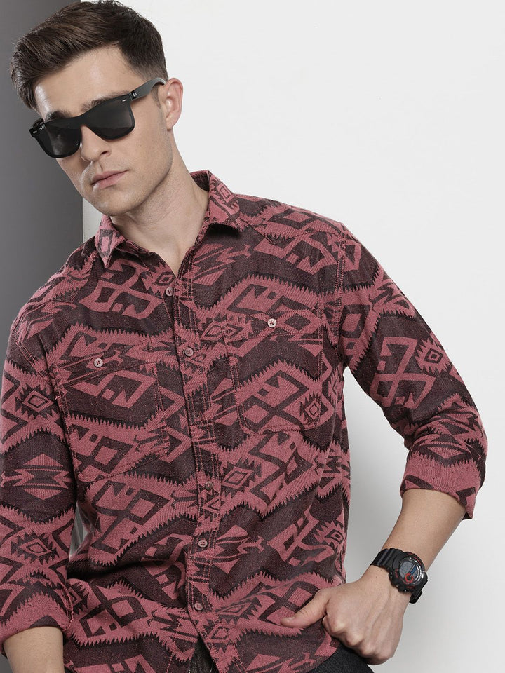 The Indian Garage Co Self Design Geometric Jacquard Relaxed Fit Shirt