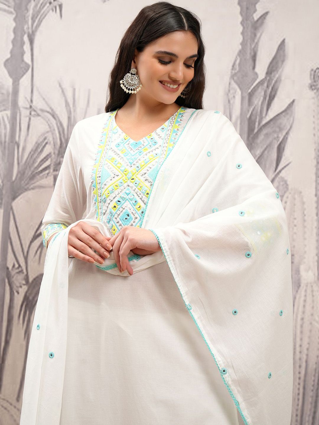 Vishudh Floral Embroidered Regular Thread Work Pure Cotton Kurta with Trousers & Dupatta