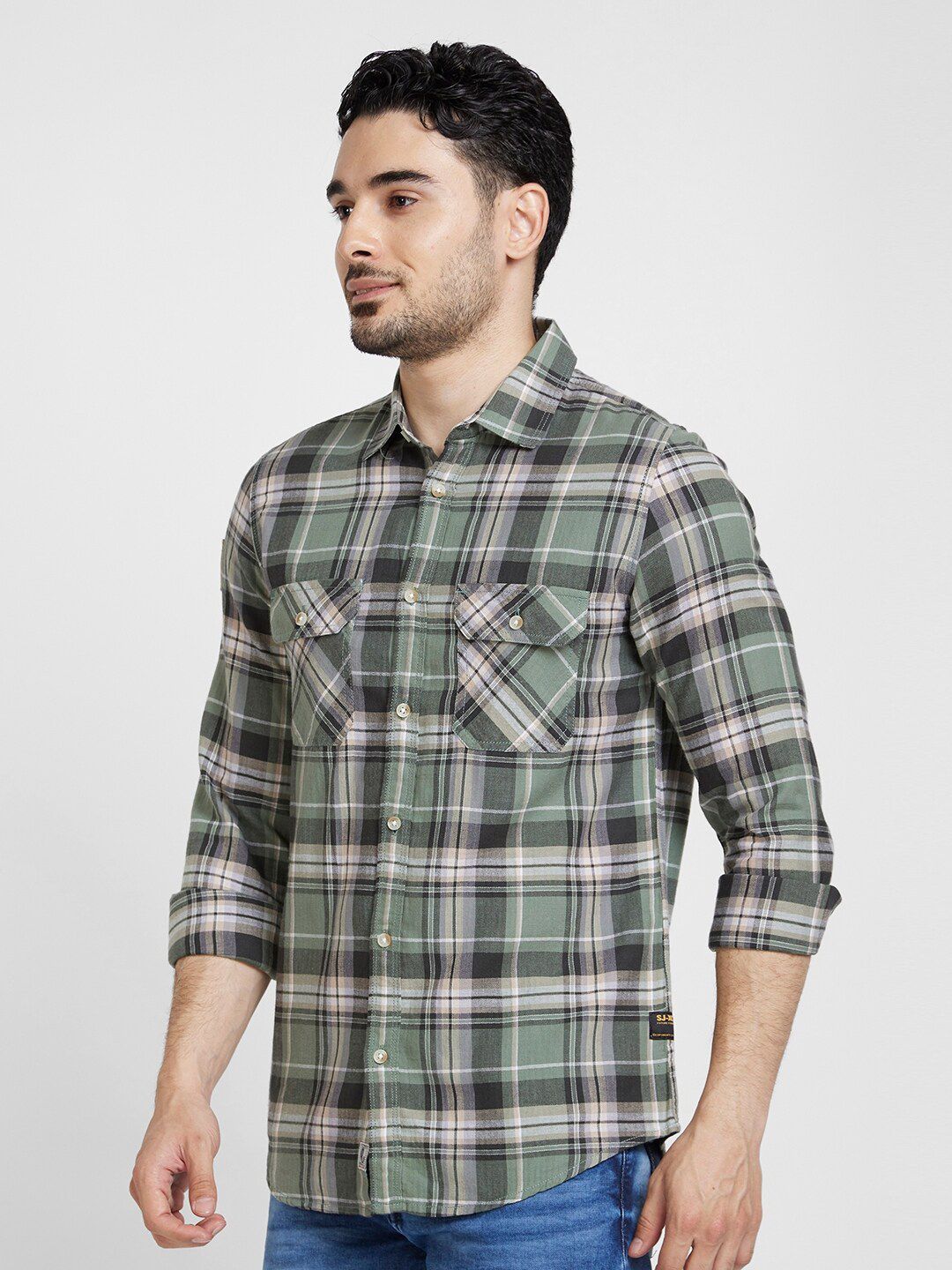SPYKAR Classic Checked Opaque  Spread Collar Opaque Cotton Casual Shirt