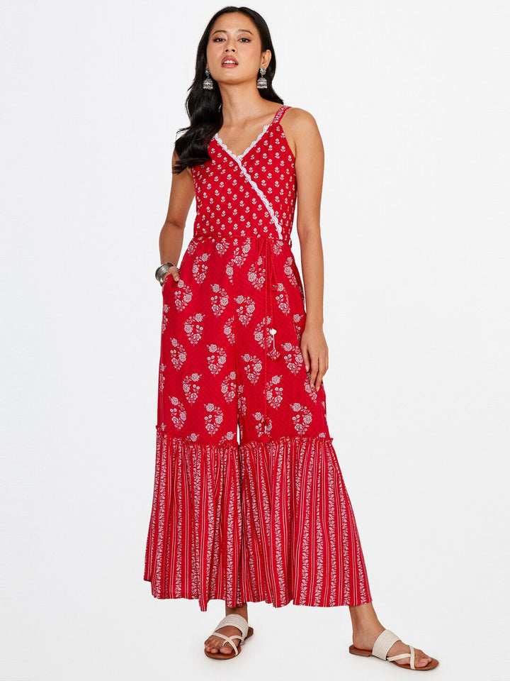 Global Desi Women Printed V-Neck Sleeveless Basic Jumpsuit