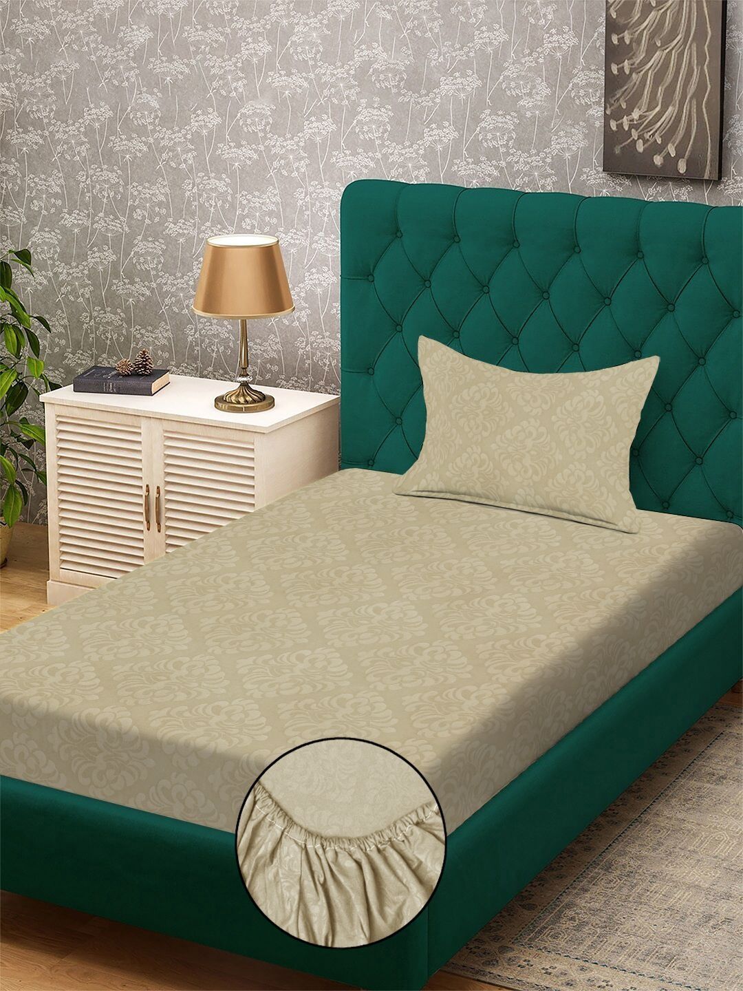 KLOTTHE Beige Printed 300 TC Single Bedsheets With 1 Pillow Covers