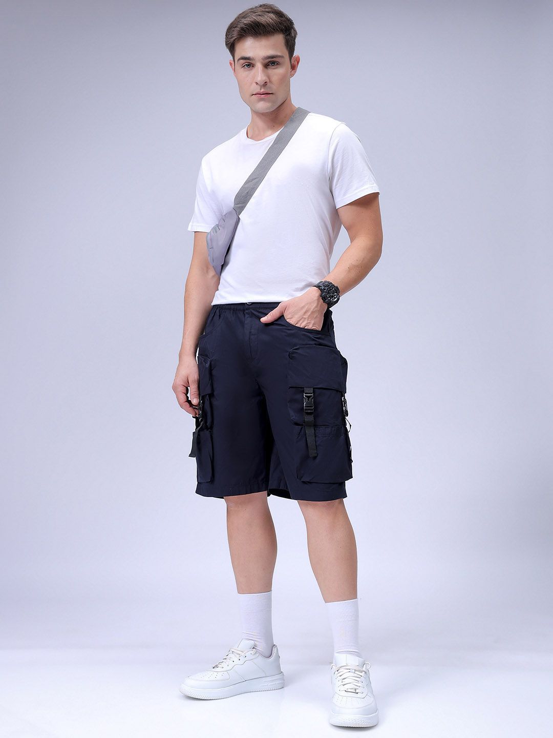 The Indian Garage Co Men Relaxed Fit Pure Cotton Utility Cargo Shorts