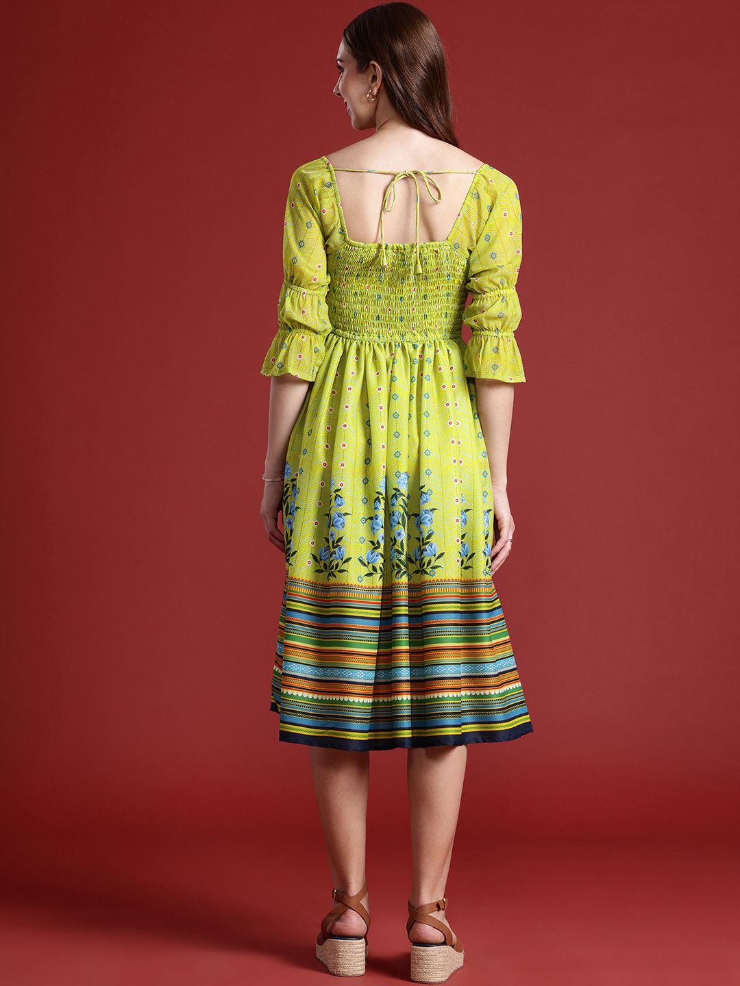 Anouk Floral Printed Fit & Flared Smocked Ethnic Dress