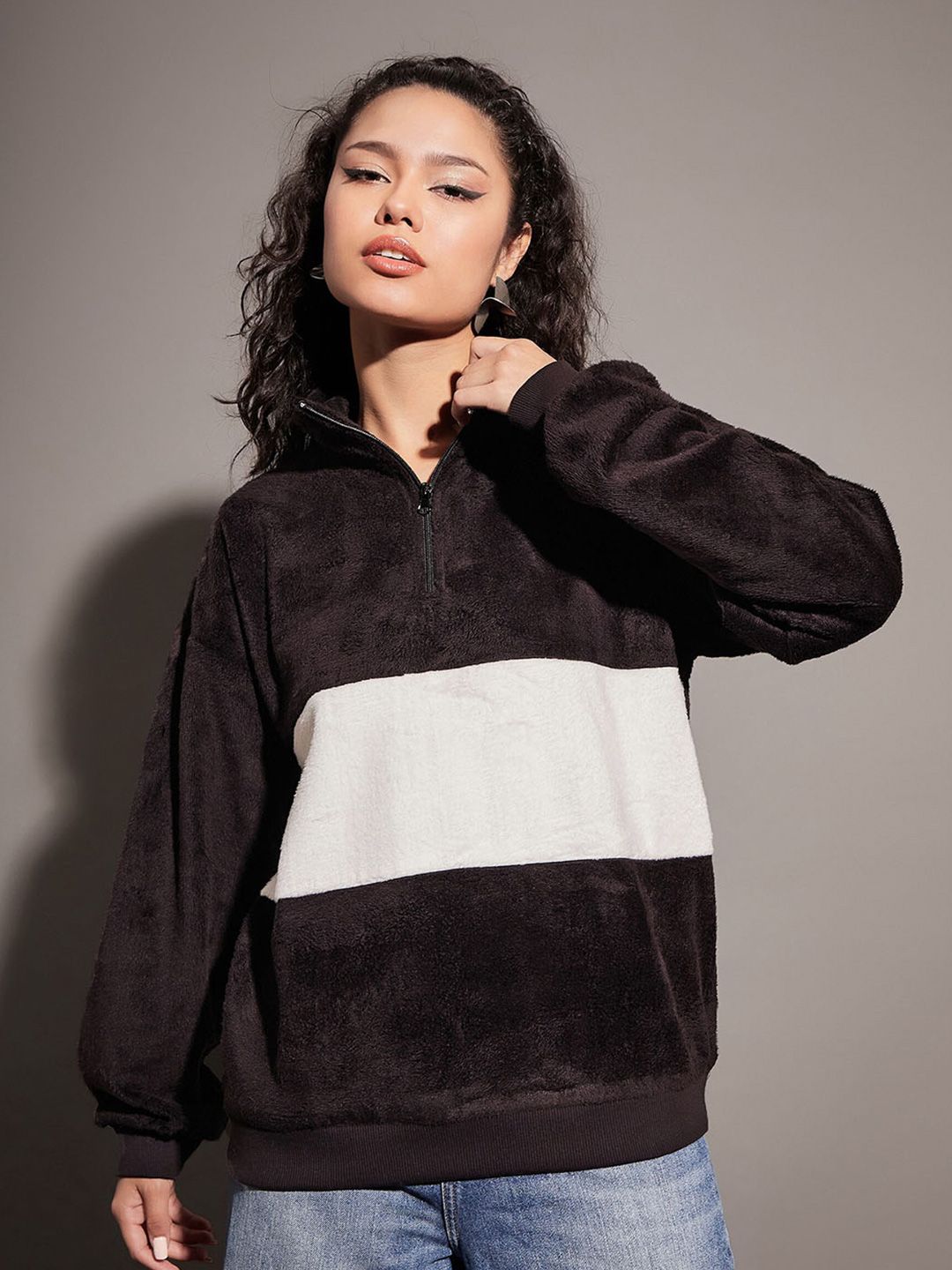 SASSAFRAS Black Colourblocked Mock Collar Sweatshirt
