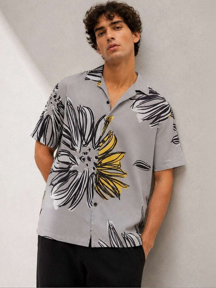 Eszett Floral Printed Cuban Collar Short Sleeves Pure Cotton Shirt