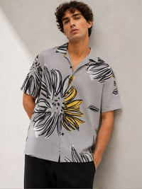Eszett Floral Printed Cuban Collar Short Sleeves Pure Cotton Shirt