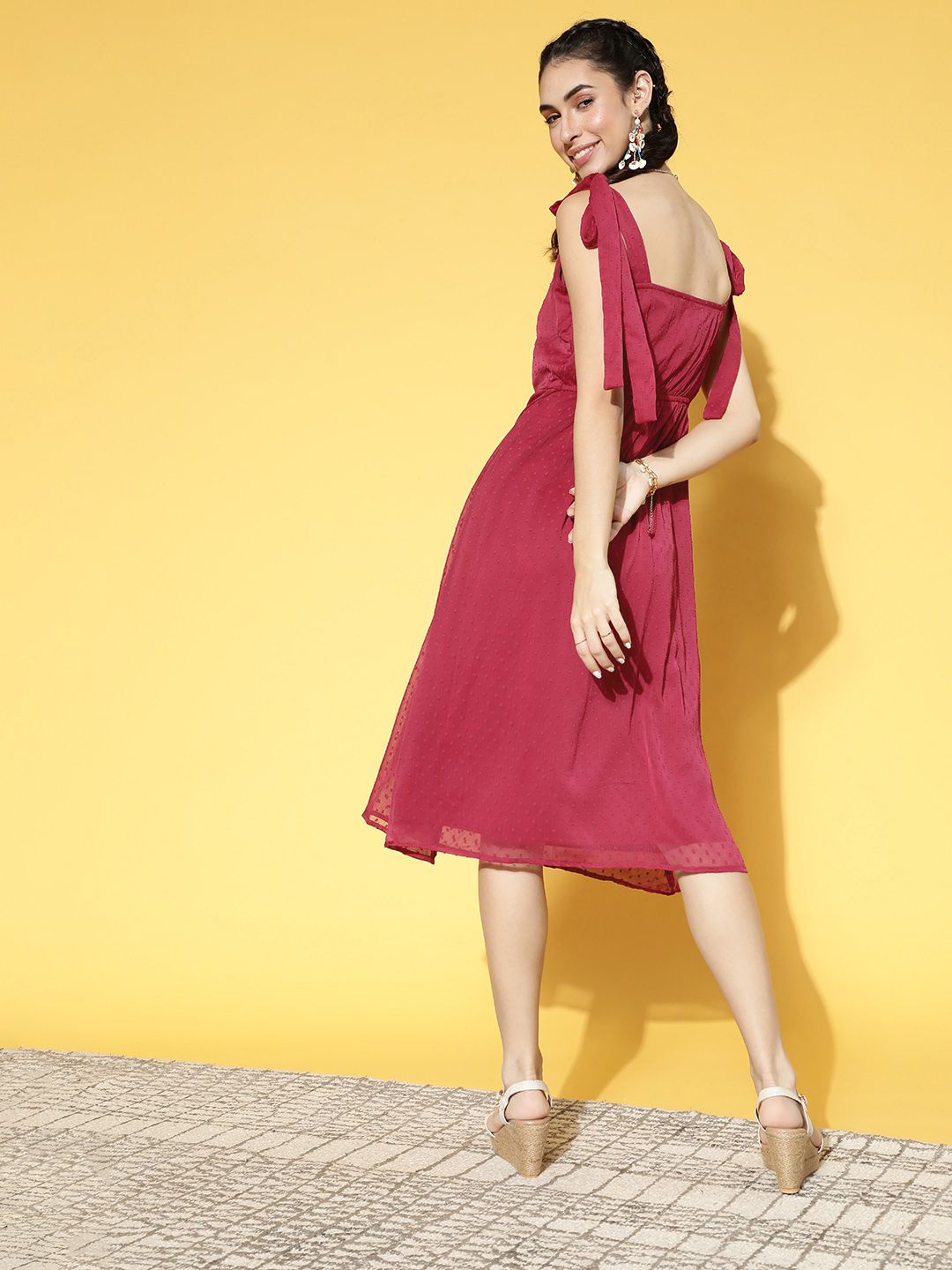 Athena Women Deep Burgundy Self-Design Volume Play Dress