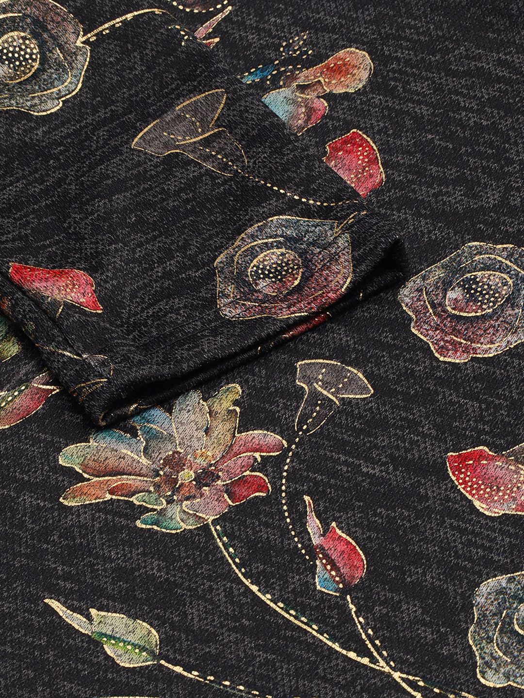 Global Desi Women Charcoal Grey Floral Printed Midi A-Line Dress