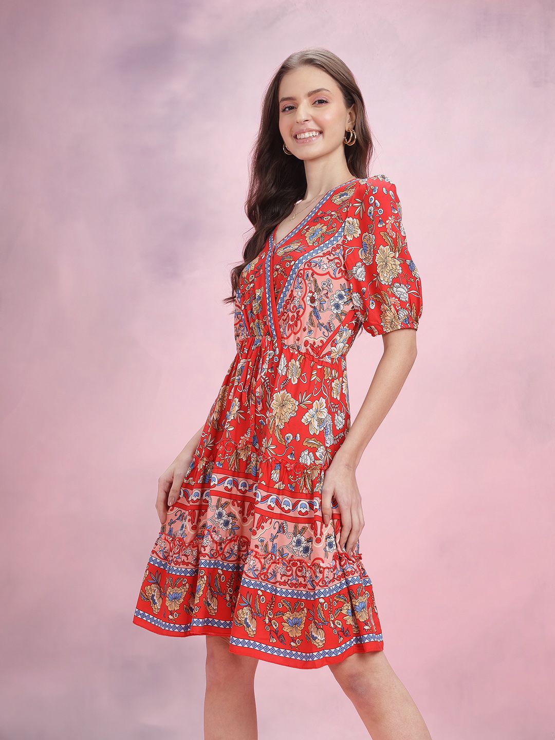 DressBerry Floral Print Puff Sleeve Fit & Flare Dress