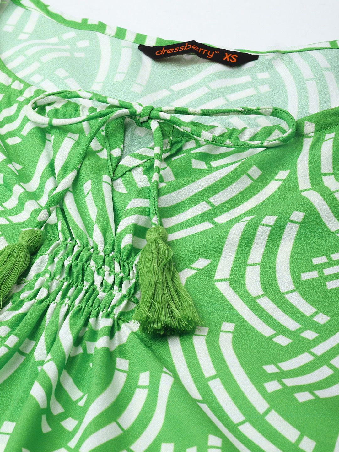 DressBerry Bold Shapes, Fresh Green Printed Gathered A-Line Mini Dress