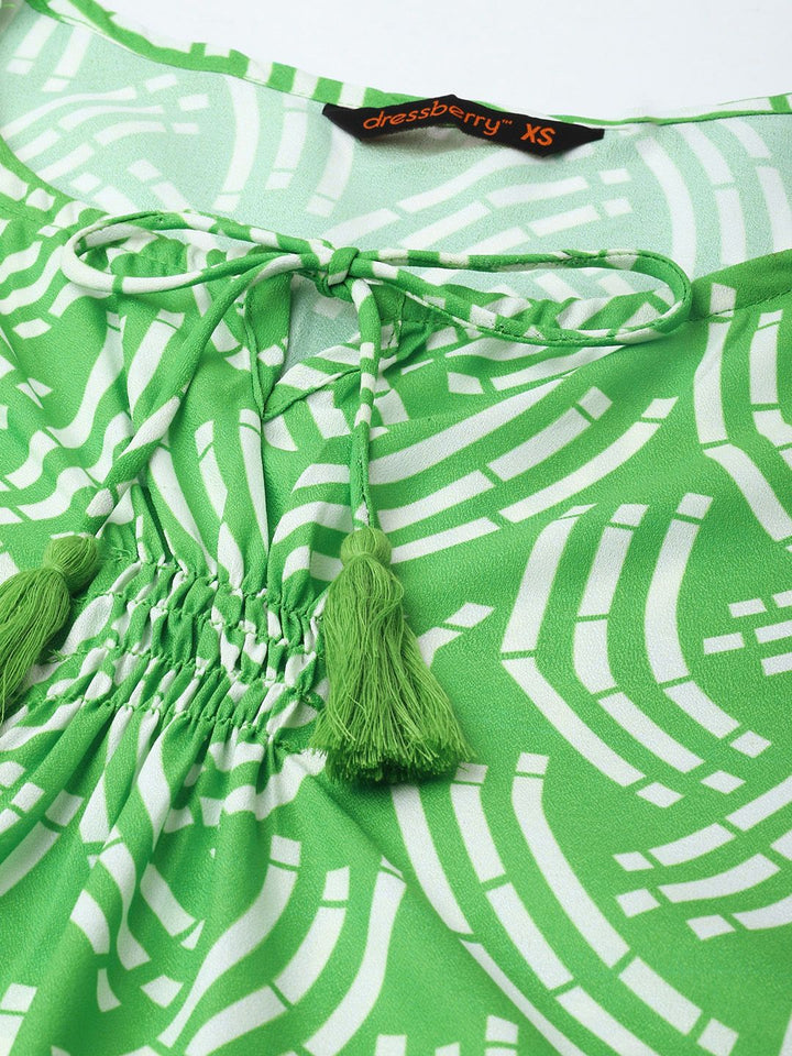 DressBerry Bold Shapes, Fresh Green Printed Gathered A-Line Mini Dress