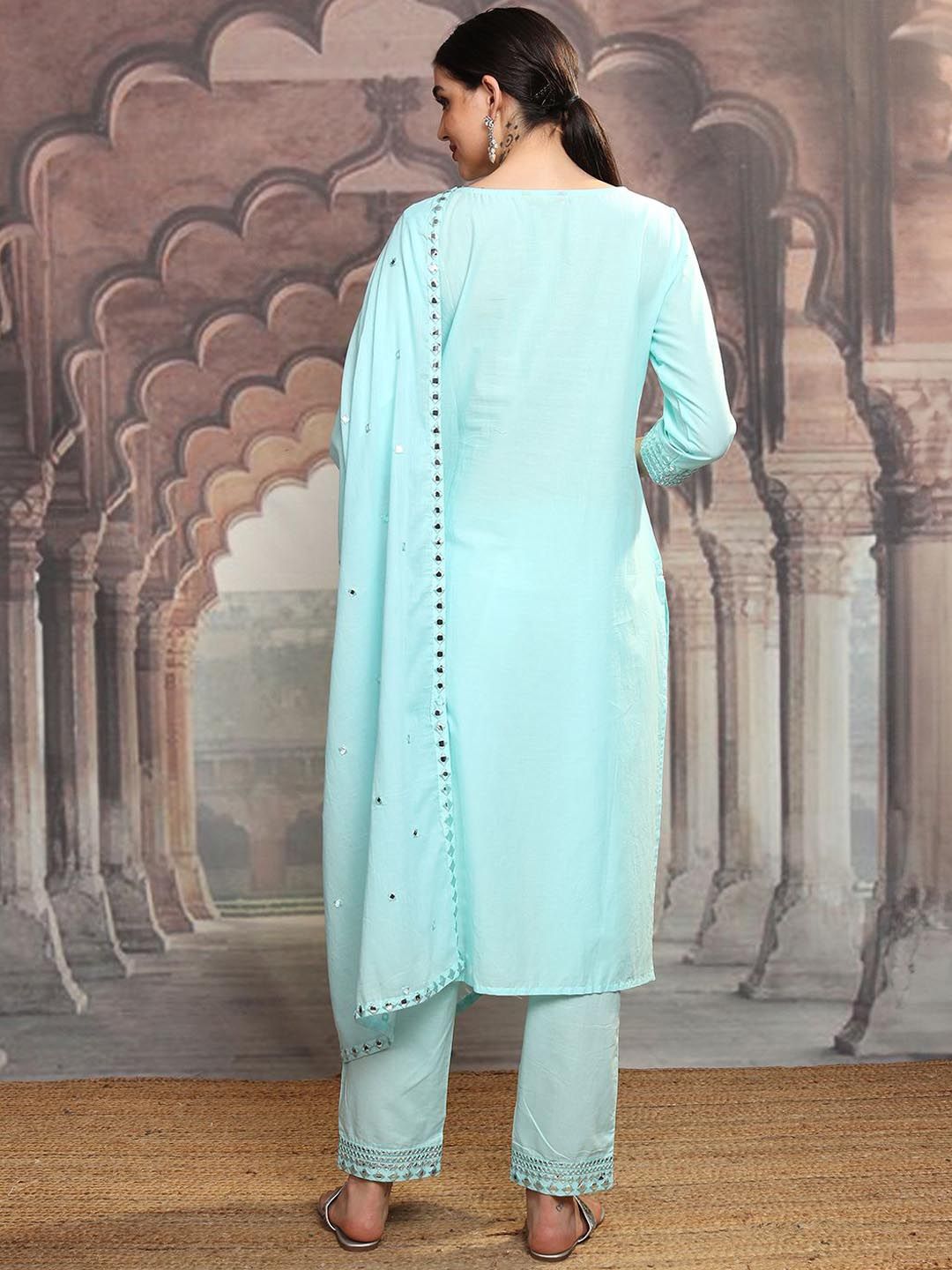 Vishudh Blue Ethnic Motifs Embroidered Pure Cotton Straight Kurta With Trousers & Dupatta