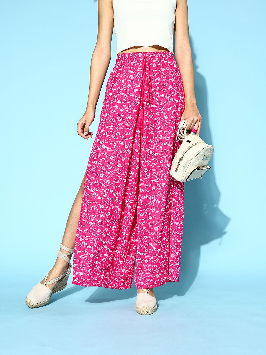 Berrylush Women Pretty Pink Floral Peekaboo Slit Trousers