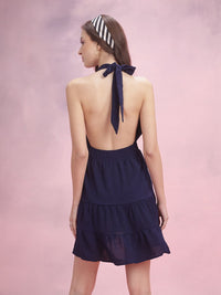 DressBerry Halter Neck Backless Crinkled Tiered A-Line Mini Dress