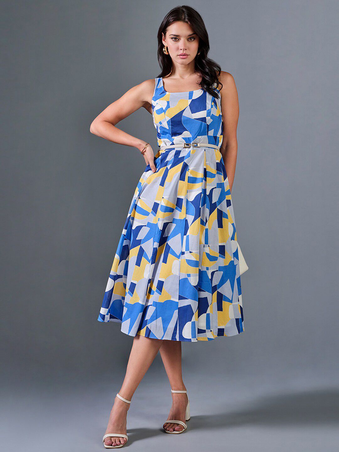 AND Print Shoulder Straps Fit & Flare Midi Dress