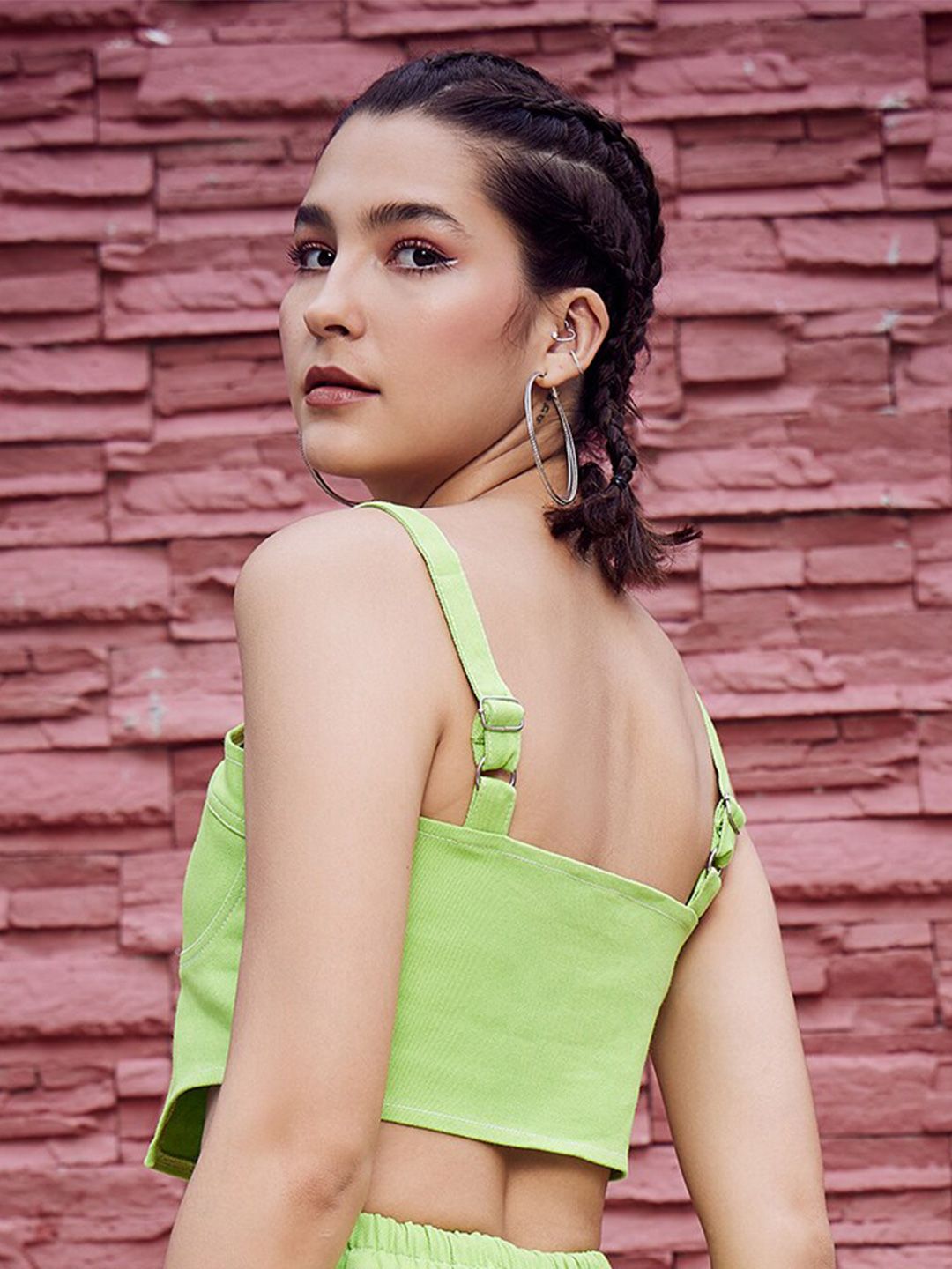 Athena Green Shoulder Straps Cotton Canvas Fitted Crop Top