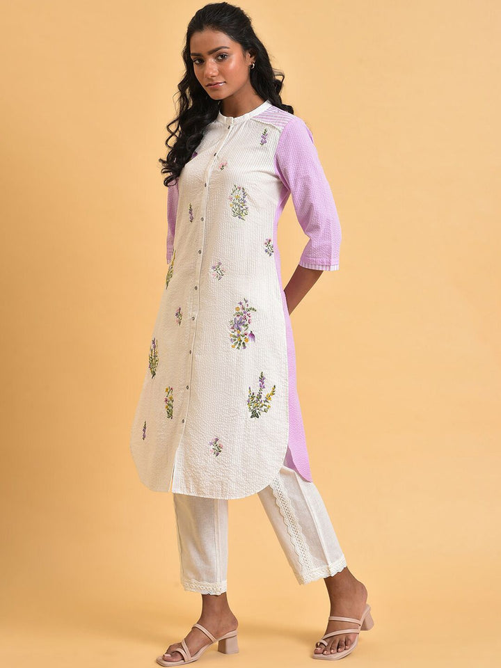 W Floral Printed Mandarin Collar Pure Cotton Straight Kurta