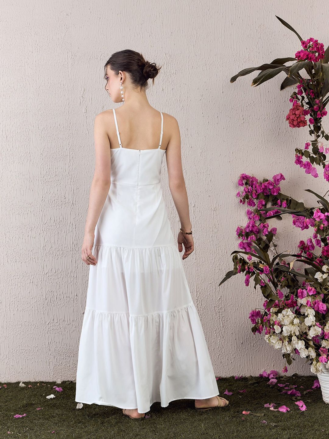 Berrylush White Self Design Ruffled Shoulder Straps Fit & Flare Maxi Dress