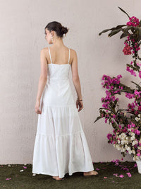Berrylush White Self Design Ruffled Shoulder Straps Fit & Flare Maxi Dress