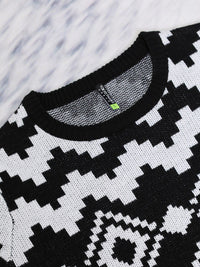 Tokyo Talkies Black Geometric Printed Acrylic Pullover Sweater