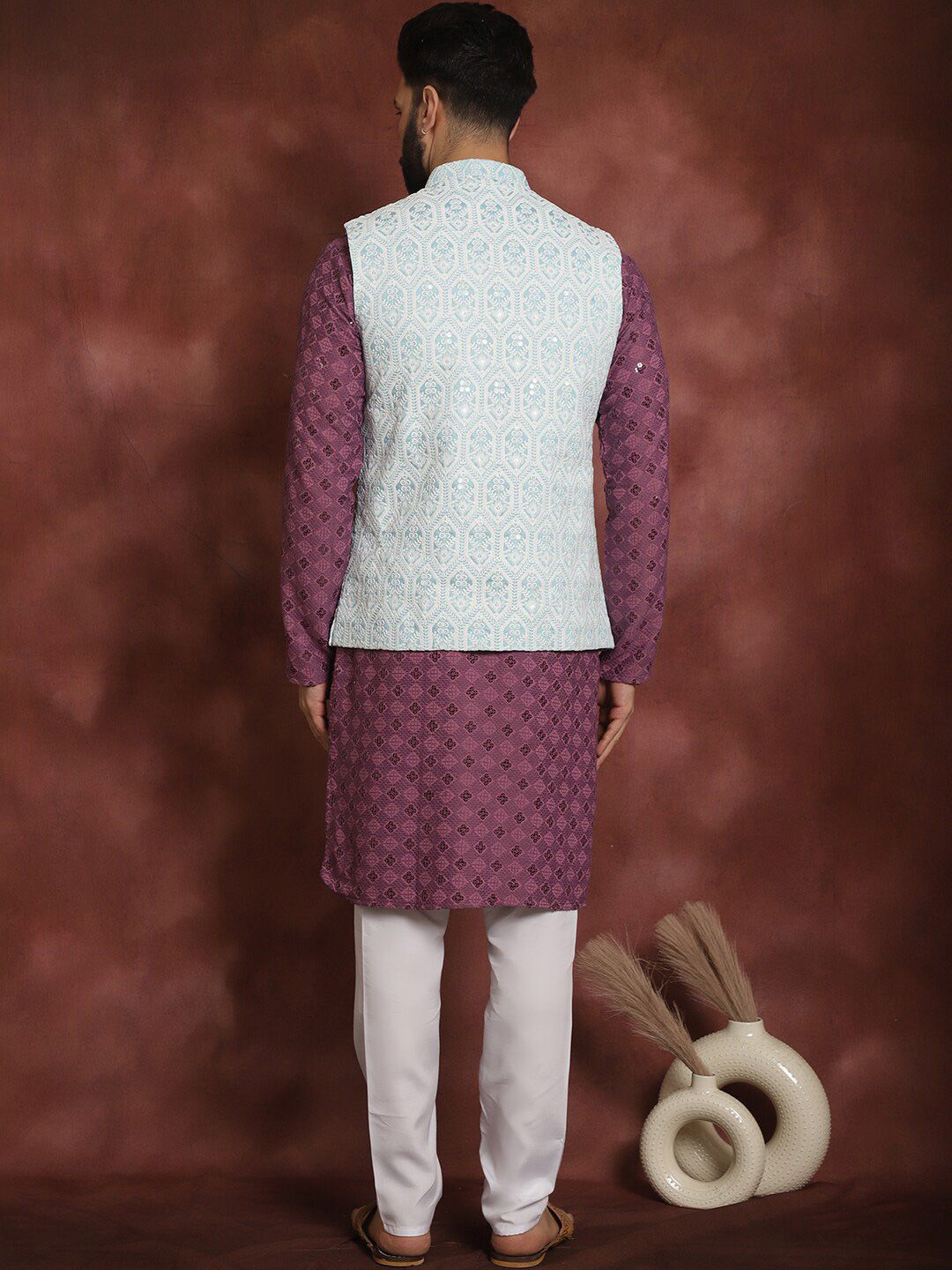 Anouk Ethnic Motifs Embroidered Regular Thread Work Kurta with Pyjamas & Nehru Jacket