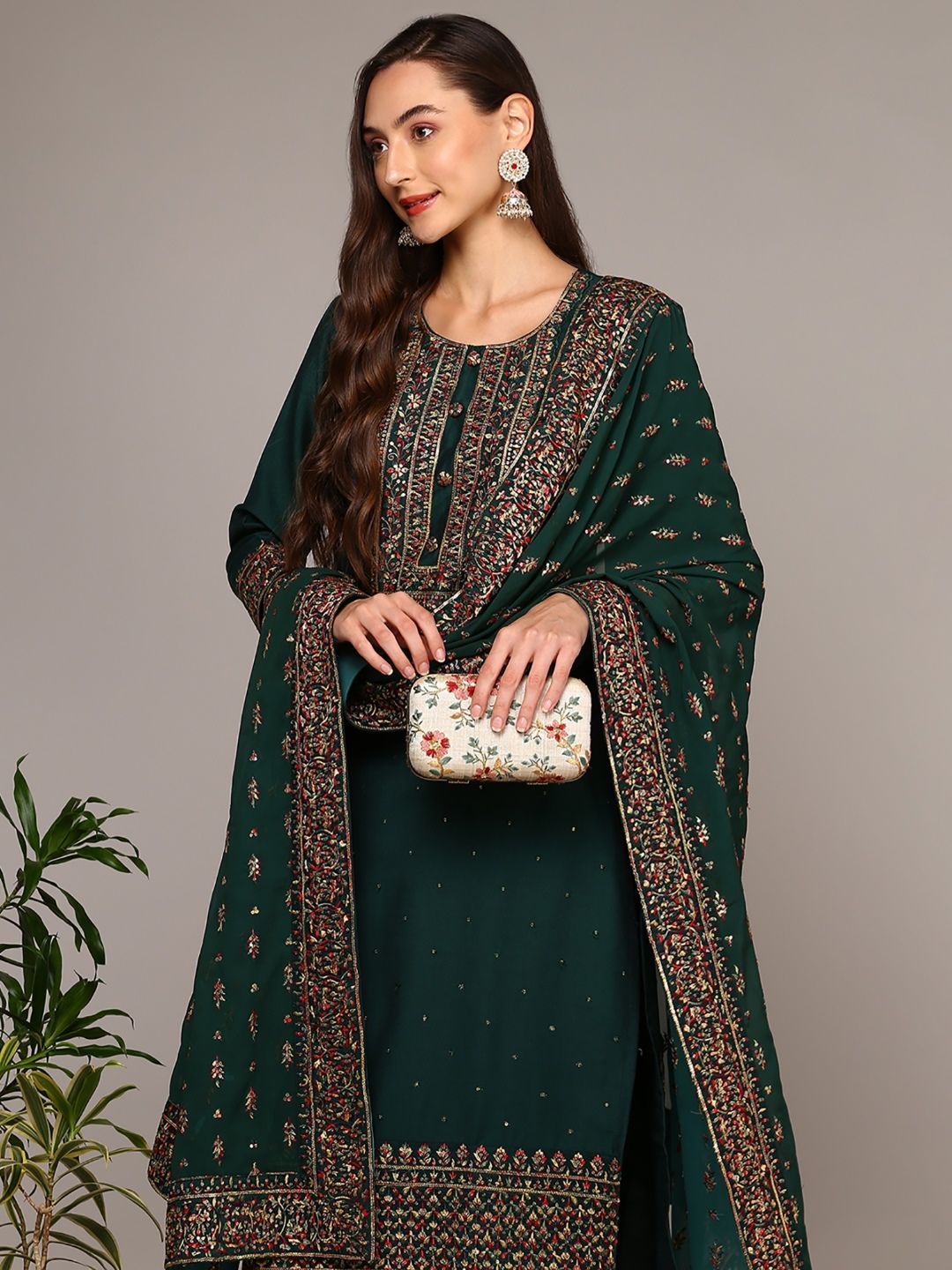 KALINI Floral Embroidered Regular Thread Work Kurta with Trousers & With Dupatta