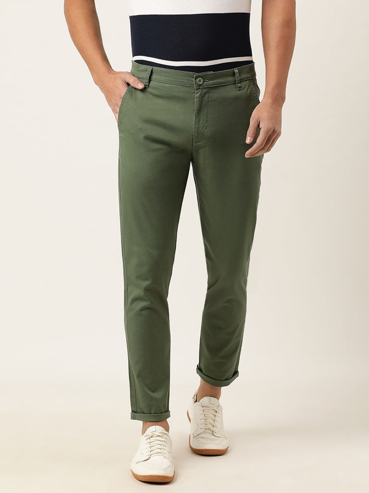 The Indian Garage Co Men Olive Green Slim Fit Solid Chinos