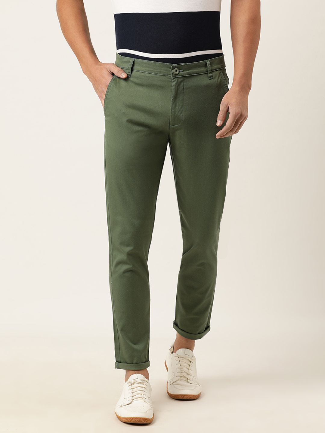 The Indian Garage Co Men Olive Green Slim Fit Solid Chinos