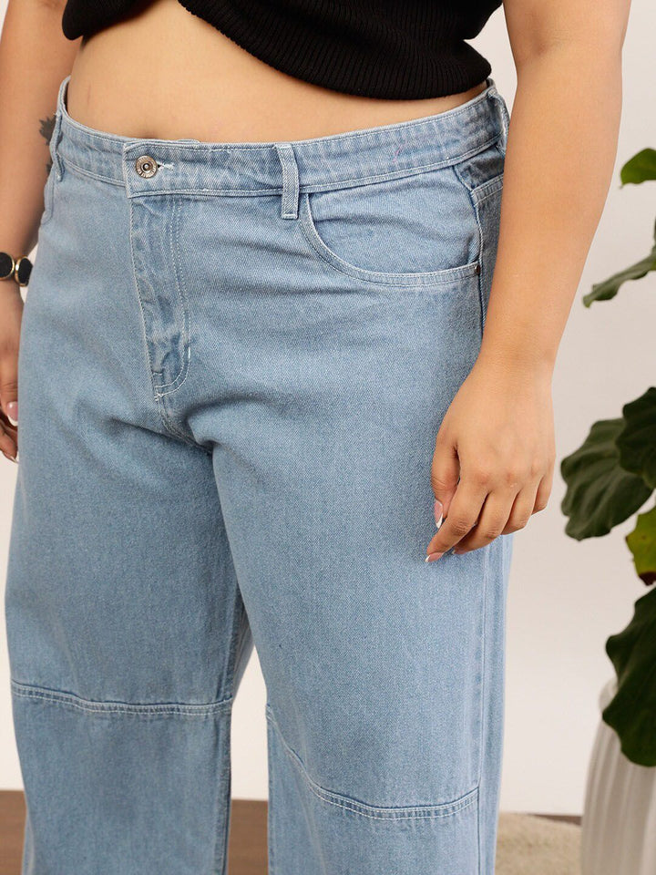CURVY STREET Women Plus Size Blue Mid-Rise Clean Look Pure Cotton Wide Leg Jeans