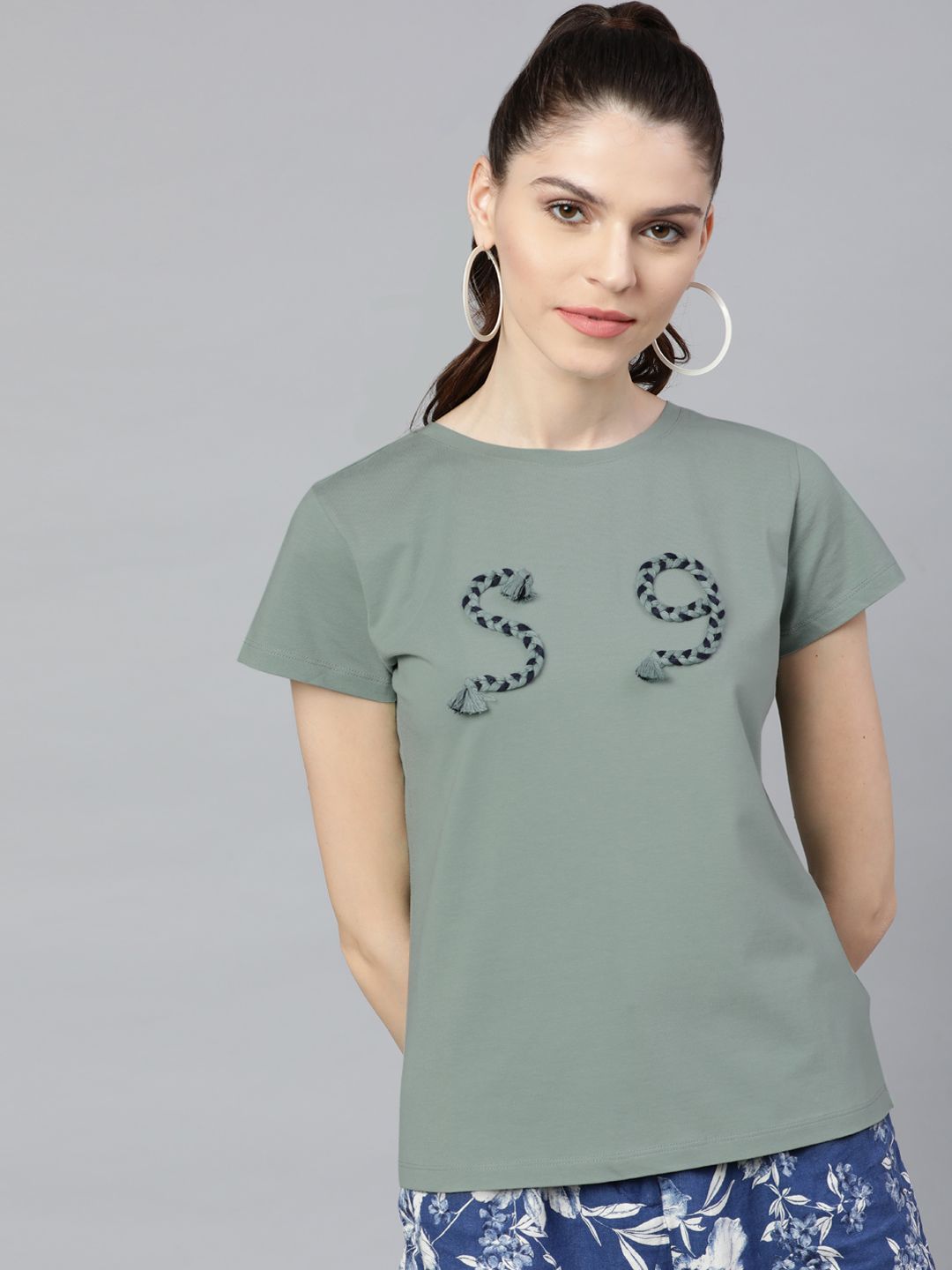 STREET 9 Women Olive Green Printed Round Neck T-shirt