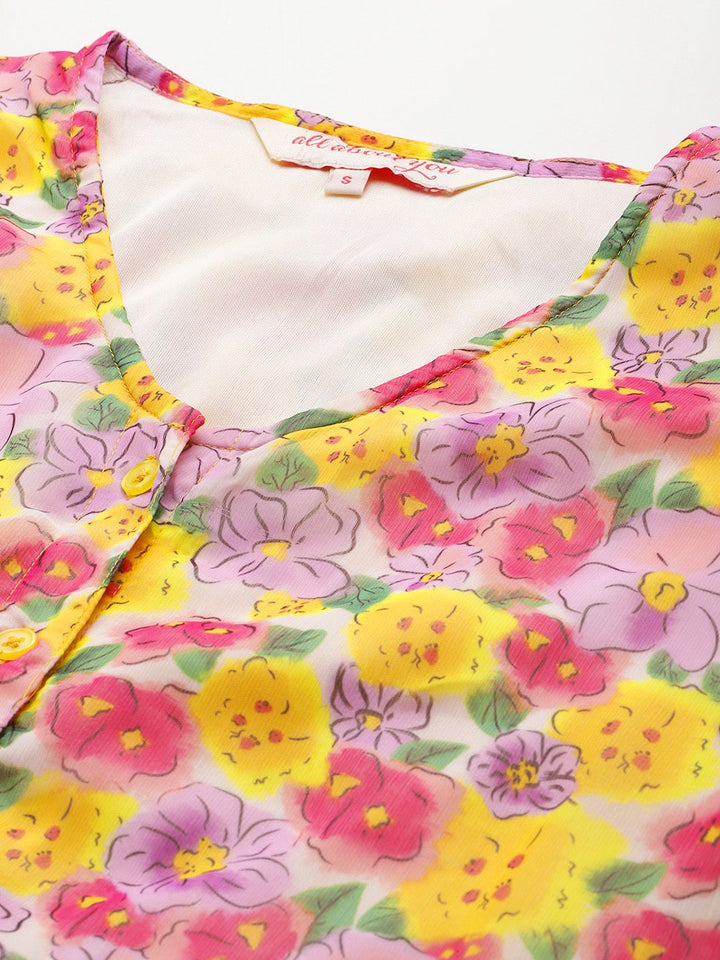all about you Floral Print Puff Sleeves Georgette Peplum Top